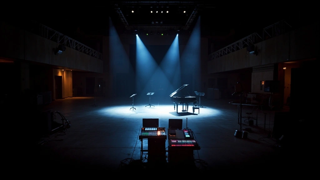A lighting booth perspective of a recital hall stage prepared for a student performance