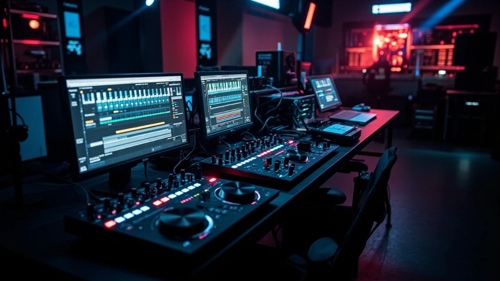 A university live-electronics studio showing a desk with MIDI controllers and a timeline display